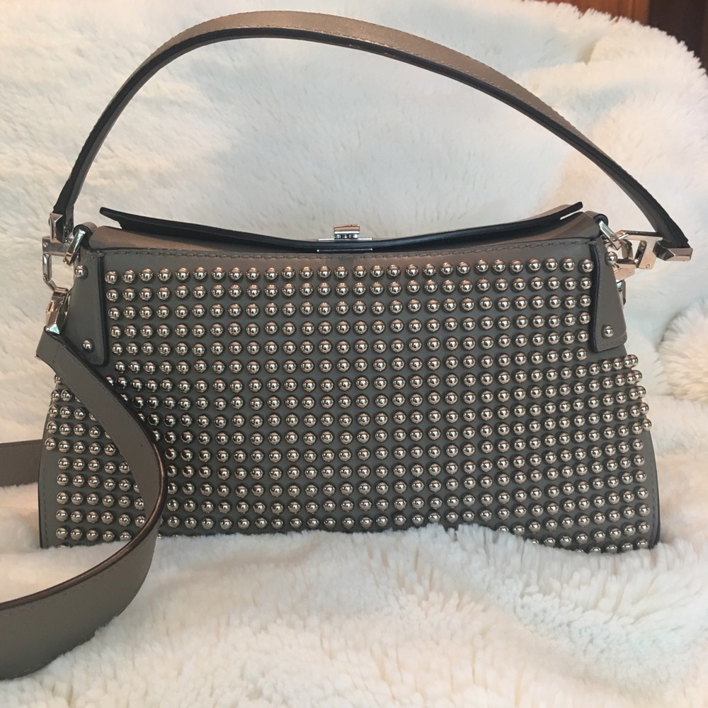 Luxury Michel Kors Taupe Miranda Studded French Calf Leather bag Like New - Picture 5 of 12